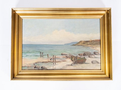 Oil painting with beach motif and gilded frame, signed A. T. 1947. 
5000m2 showroom.