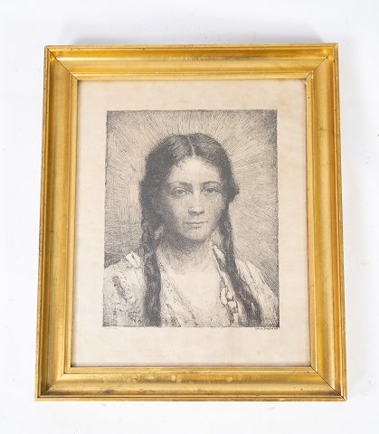 Portrait drawing with gilded frame by Luplau Janssen 1869-1927. 
5000m2 showroom.