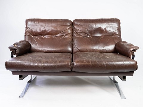 Two-person sofa - Brown patinated leather - Metal frame - Arne Norell - 1970