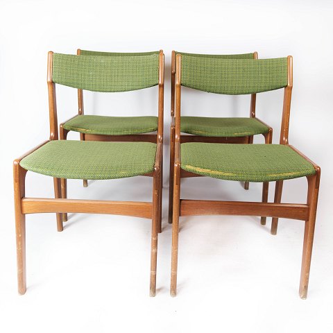 Set of four dining room chairs in teak and green upholstery, designed by Erik 
Buch from the 1960s. Produced at O.D møbler 
5000m2 showroom.