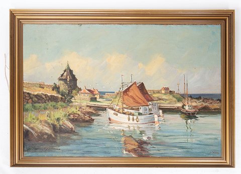 Maleri på lærred med havnemotiv og forgyldt ramme, signeret Vilke fra 1930erne.
5000m2 udstilling.