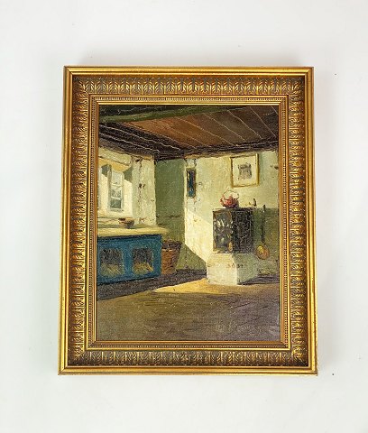 Painting on canvas with kitchen motif and gilded frame, signed Maleri på lærred 
med køkken motiv og forgyldt ramme, signeret Osv Rasmussen  Pseudonym for Allan 
Karms born 1933. 
5000m2 showroom.