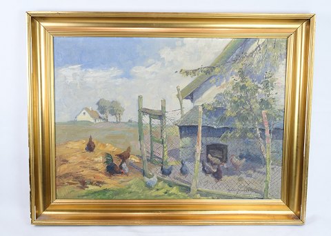 Oliemaleri på lærredet med motiv af hønsegård og marker malet af Johan Jacobsen 
(1883-1953) fra omkring 1940