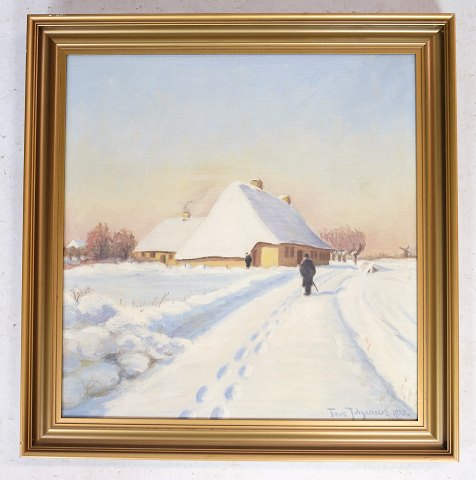 Oliemaleri, Træplde, guldramme, sne landskab, Tove Jørgensen, 1952
Flot stand
