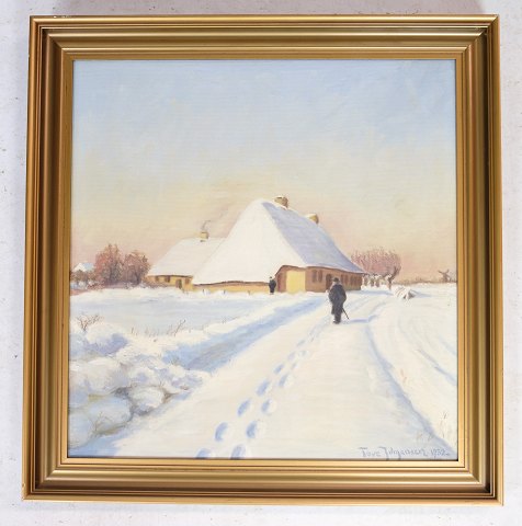 Oil painting, Wooden frame, gold frame, snow landscape, Tove Jørgensen, 1952
Great condition
