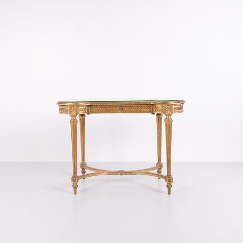 Antique Desk With Glass Top & Drawer – Gustavian/Louis XVI Style – Gilded Wood – 1850s