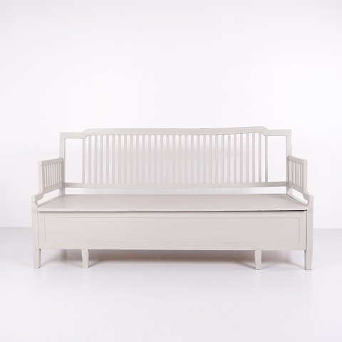 Antique Storage Bench With High Back – Grey Painted – Pine Wood – 1860s