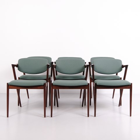 Kai Kristiansen Model 42 Dining Chairs in Rosewood with Turquoise Blue Upholstery, Set of 6, 1960s