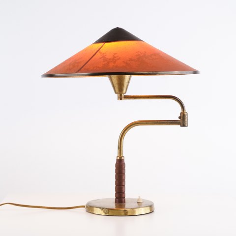 Table Lamp with Swing Arm in Patinated Brass with Amber Shade, LYFA, 1930/40s