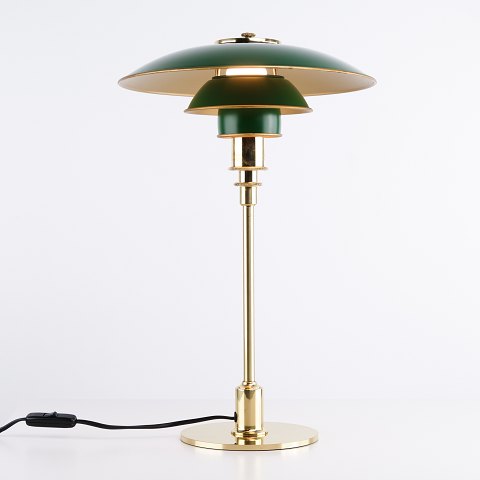 Poul Henningsen Table Lamp Model PH 3/2 Anniversary Edition in Brass with Green Metal Shades for Louis Poulsen