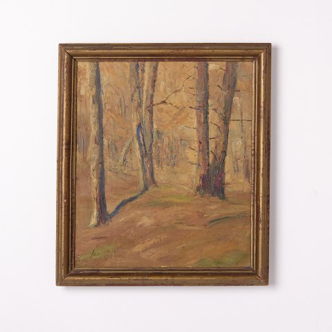 Painting on Canvas with Forest Motif in Yellow Tones from the 1930s