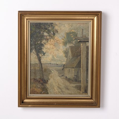 Painting on Board with Rural Farmhouse Motif in Gilt Frame from the 1930s