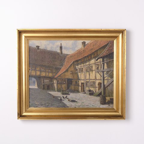 Signed Painting on Canvas with Farm and Chickens Motif in Gilt Frame from the 1940s