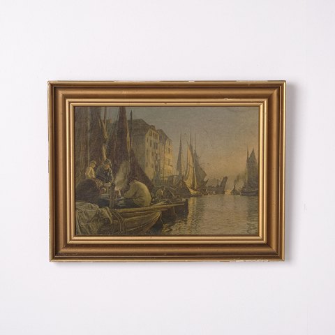 Print on Board with Sailing Ships Motif in Gilt Frame