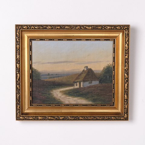 Signed Landscape Painting on Canvas with Cottage Motif in Gilt Frame