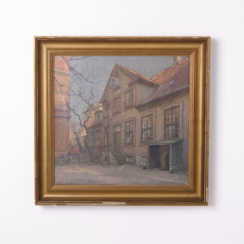 Oil Painting on Canvas Depicting an Older Building in Gilt Wooden Frame Dated 1916