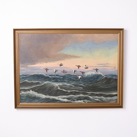 Marine Oil Painting on Canvas with Wooden Frame and Gilt Details Signed from the 1920s