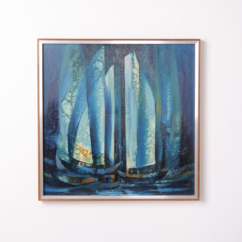 Painting on Canvas with Modern Motif in Blue Tones from the 1980s