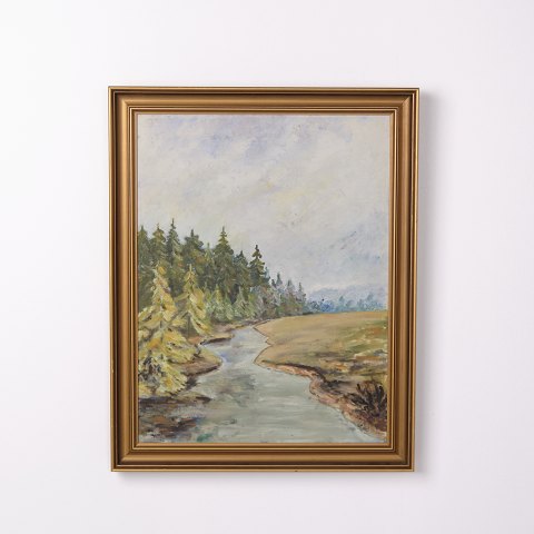 Landscape Painting on Canvas with Gilt Frame from the 1950s