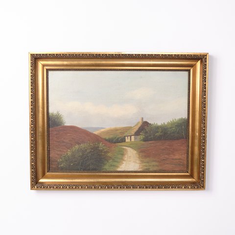 Painting on Canvas Depicting a Path Leading to a Farmhouse and Landscape with Gilt Frame from the 1940s