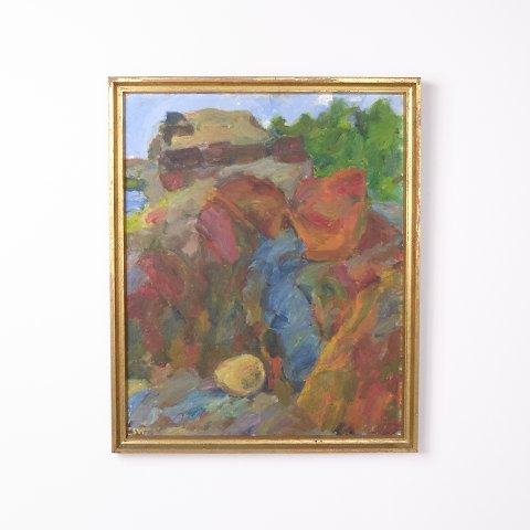 Painting on canvas with colorful motif in a gilt frame from the 1970s