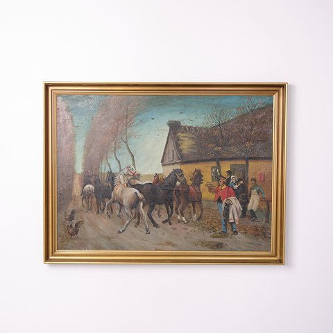 Signed painting on canvas depicting horses, framed