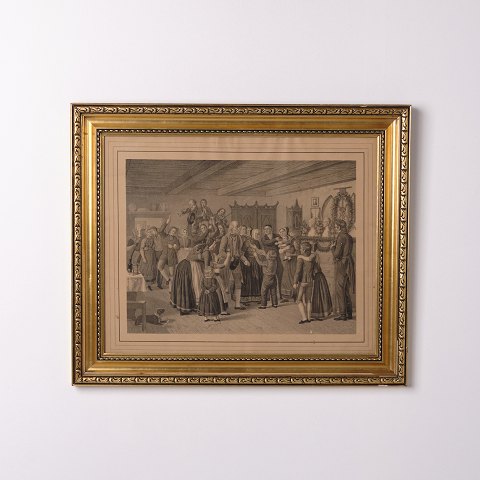 Copper engraving depicting a gathering in a gilt frame from the 1920s