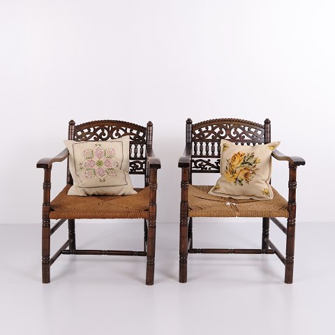 Pair of Armchairs - Dark Wood & Cane - 1920s