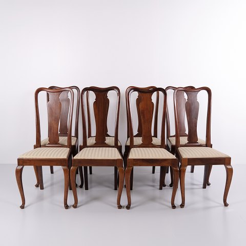 Set of 8 Dining Chairs Dark Wood and Striped Fabric 1920s