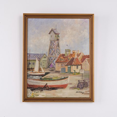 Oil Painting on Canvas Depicting Dragør Harbour by B. Tandberg