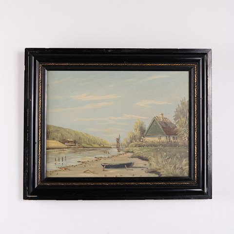 Painting on Canvas Depicting a River and Country House Signed Krog