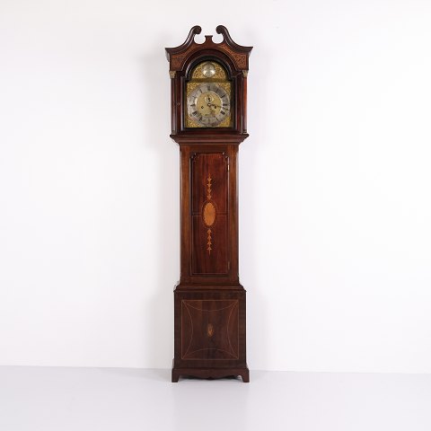 English Mahogany Longcase Clock with Marquetry and Brass Dial from the 1880s