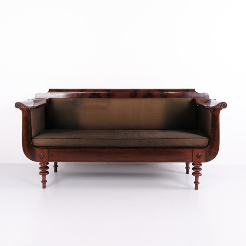 Antique Empire Sofa in Mahogany with Turned Legs and Brown Upholstery from the 1830s