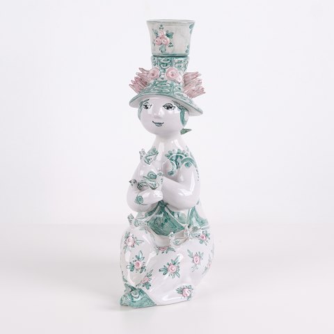 Bjørn Wiinblad Figurine No. 93 in Green and Pink Ceramic with Floral Motif