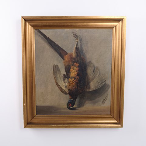 Oil Painting with Hanging Pheasant in a Gilt Wooden Frame, circa 1920s
