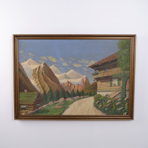 Oil Painting with Alpine Landscape and Mountain Farms, circa 1940–1960