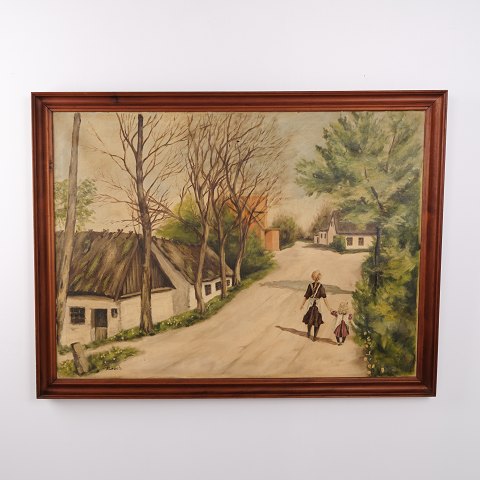 Oil Painting with Village Scene, Woman and Child, Signed N. Leach, circa 1940–1960