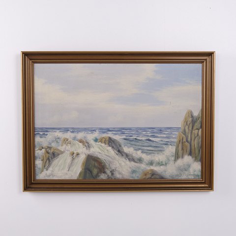 Oil Painting with Rocky Coast and Rough Sea, Signed Vagn Christensen, circa 1940–1960