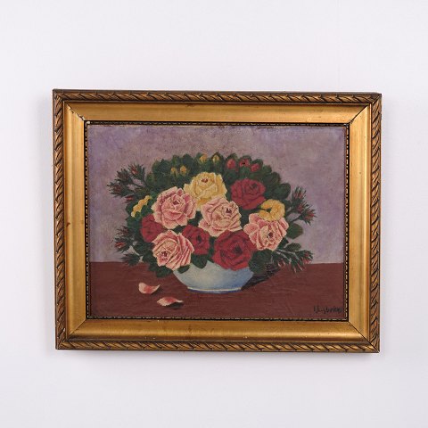 Oil Painting with Roses in a Bowl, Signed, circa 1930–1950