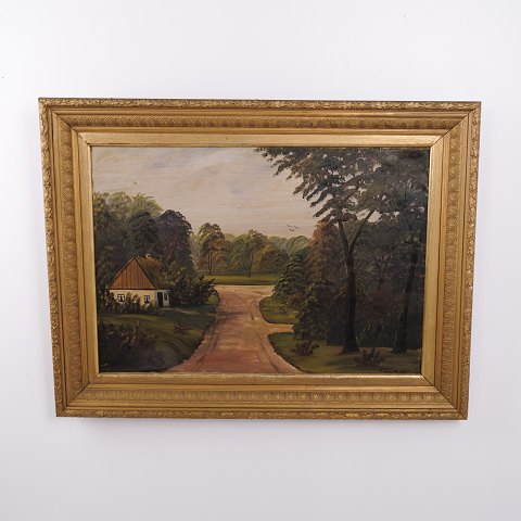 F. Schmidt Oil Painting with Forest Landscape, Country Road and Thatched Cottage, 1900