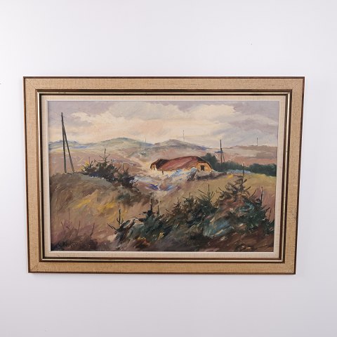 Oil Painting on Canvas with Hilly Landscape, Farmhouse and Fir Trees, Signed, circa 1960–1980