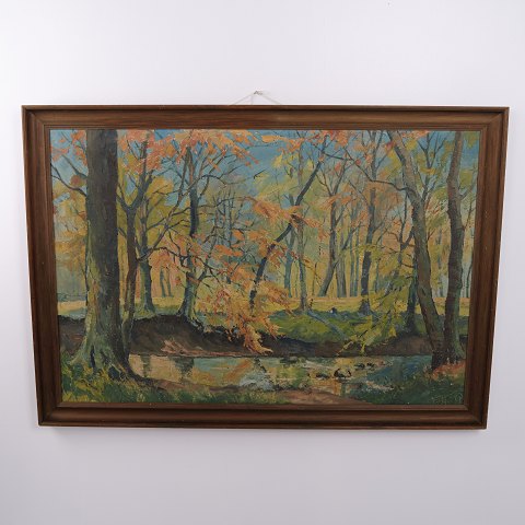 Oil Painting on Canvas with Autumn Forest and Stream, Signed, circa 1940–1960