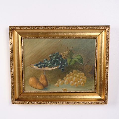 Oil Painting on Canvas with Fruit Bowl in Gilt Frame Signed P. Borg