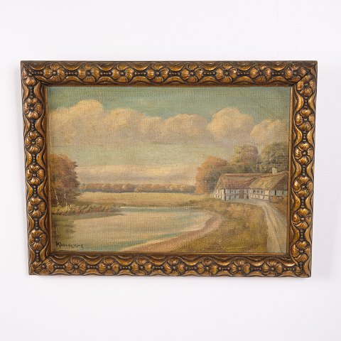 Landscape Painting on Canvas with Farmhouse and Country Road in Gilt Frame Signed