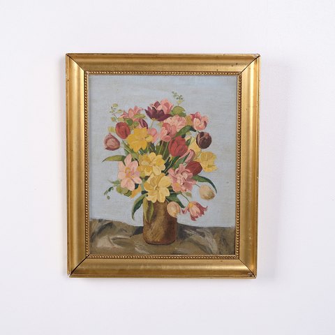 Flower Painting on Board with Vase in Gilt Frame 40 x 34 cm