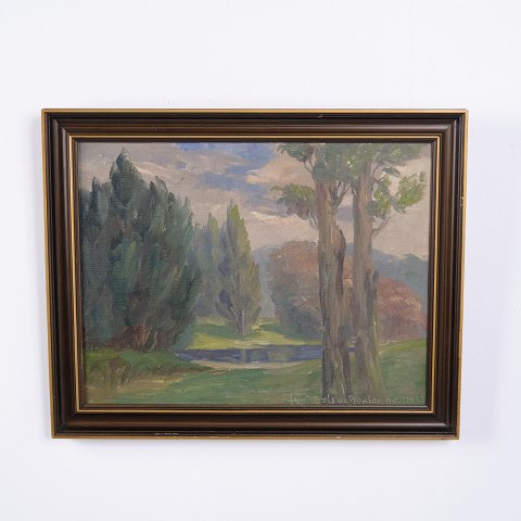 Landscape Painting on Canvas with Trees in Gilt Frame 39 x 48.5 cm