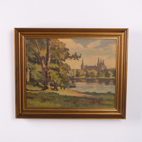 Painting on Canvas with Castle by a Lake in Gilt Frame 41 x 50 cm