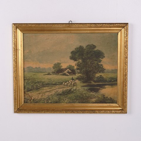 Landscape Painting on Board with Sheep in Gilt Frame 37.5 x 47.5 cm