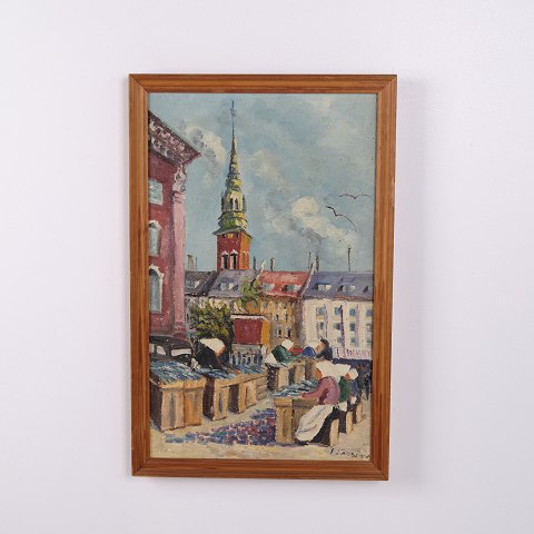 Cityscape Painting on Canvas with Church in Gilt Frame 61 x 40 cm