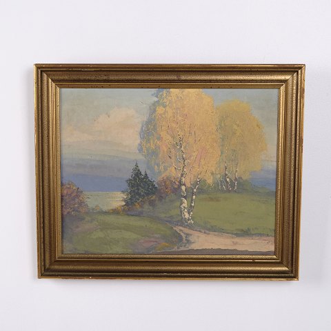Landscape Painting on Canvas with Birch Trees in Gilt Frame 40.5 x 50 cm